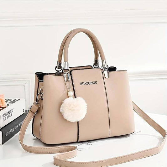 Classic Tote Satchel Bag with Pom Pom Decor Women's Shoulder Bag