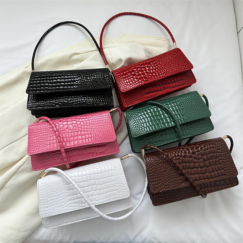 Vintage Crocodile Embossed Underarm Bag Solid Flap Shoulder Bag