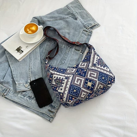 Ethnic Style Woven Crossbody Bag Geometric Pattern Bohemian Hobo Purse