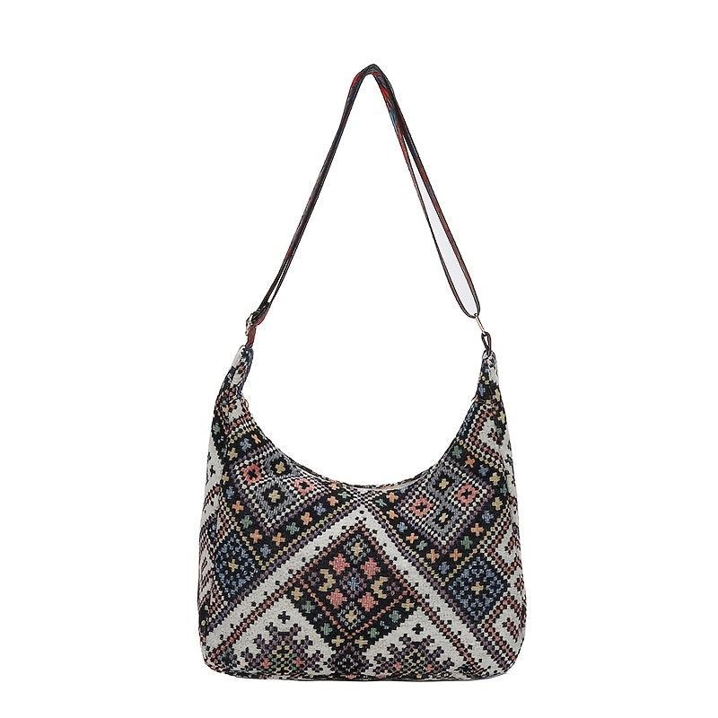 Ethnic Style Woven Crossbody Bag Geometric Pattern Bohemian Hobo Purse