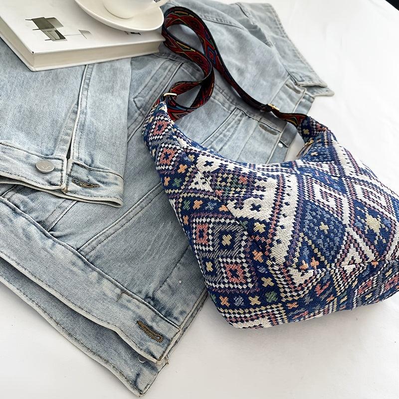 Ethnic Style Woven Crossbody Bag Geometric Pattern Bohemian Hobo Purse