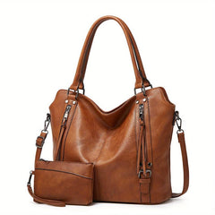 2pcs Large Capacity Tote Bag Wristlet Purse Set PU Leather Textured Shoulder Bag