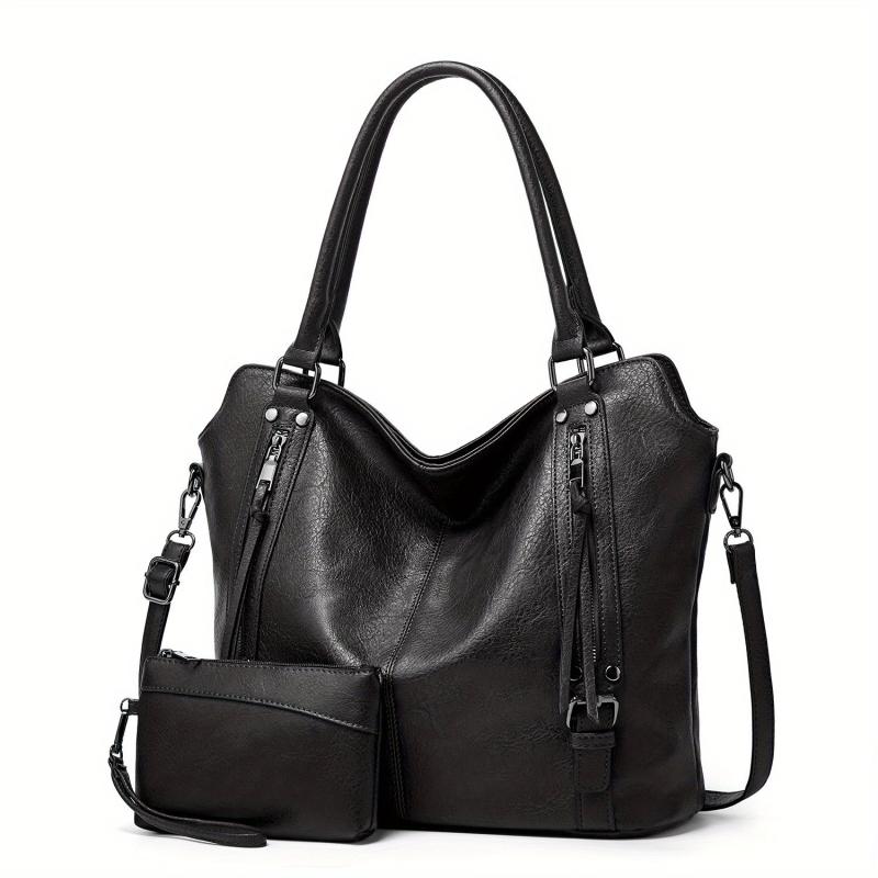 2pcs Large Capacity Tote Bag Wristlet Purse Set PU Leather Textured Shoulder Bag