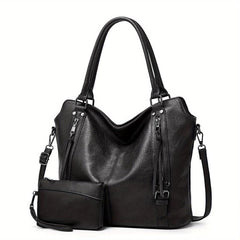 2pcs Large Capacity Tote Bag Wristlet Purse Set PU Leather Textured Shoulder Bag