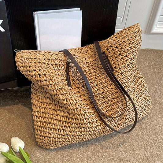 Straw Woven Large Tote Bag Zipper Shoulder Bag Summer Beach Handbag
