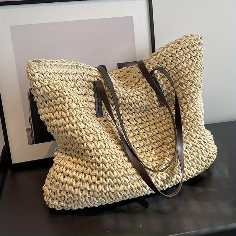 Straw Woven Large Tote Bag Zipper Shoulder Bag Summer Beach Handbag