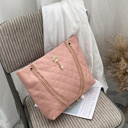 Argyle Quilted Chain Tote Bag Crown Decor Handbag