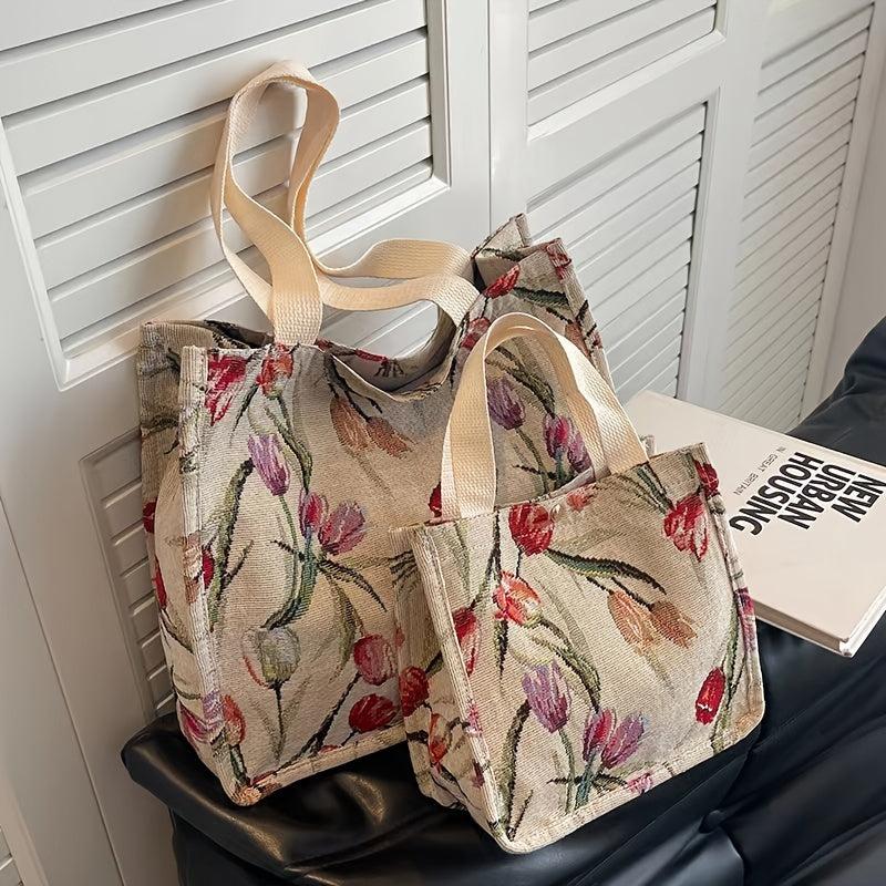 Flower Graphic Tote Bag Canvas Shoulder Bag Large Capacity Handbag