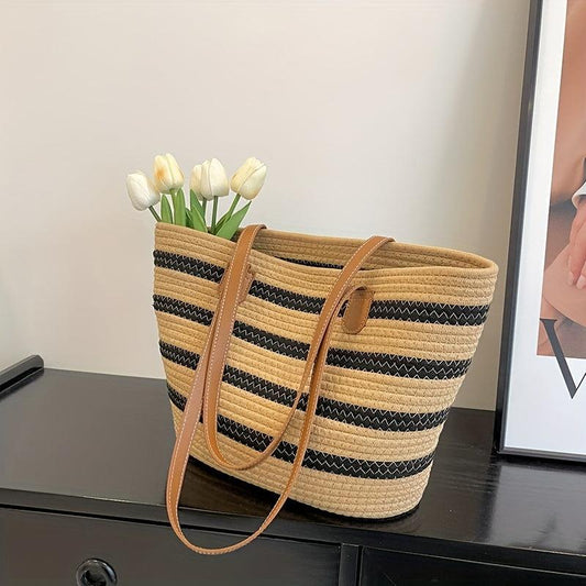 Boho Style Woven Beach Bag Portable Tote for Travel Shopping