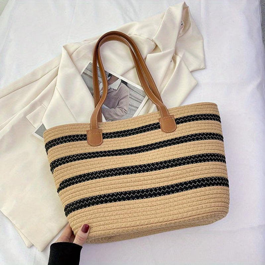 Boho Style Woven Beach Bag Portable Tote for Travel Shopping