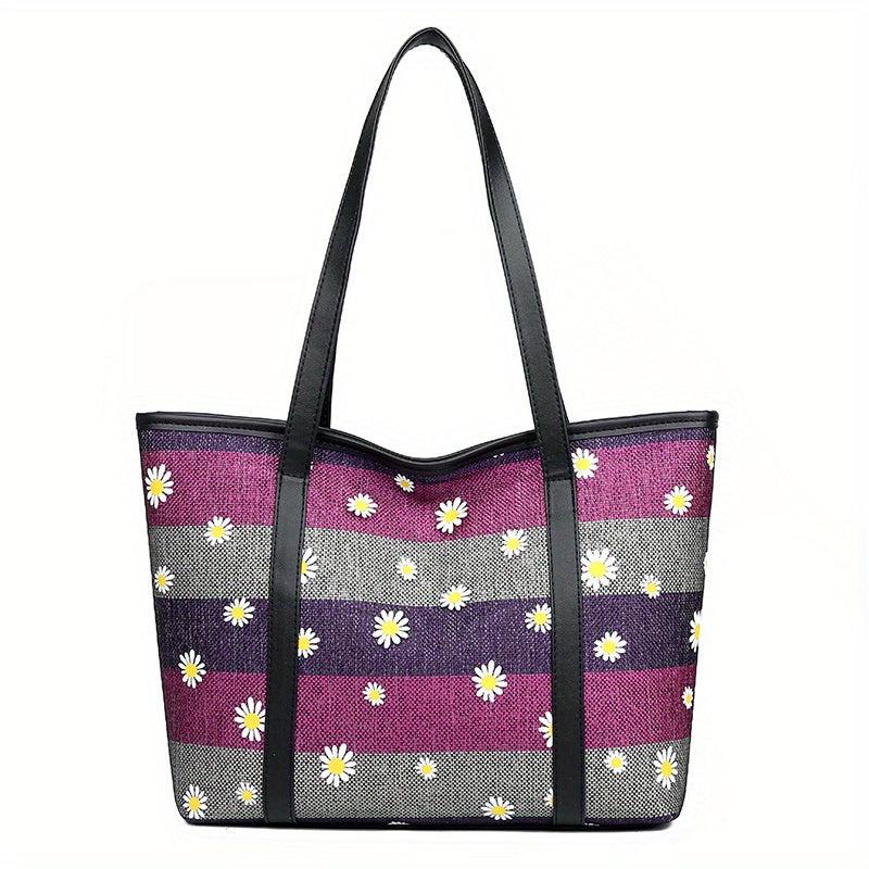 Daisy Flower Embroidery Tote Bag Large Capacity Shoulder Bag