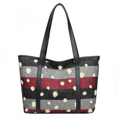 Daisy Flower Embroidery Tote Bag Large Capacity Shoulder Bag