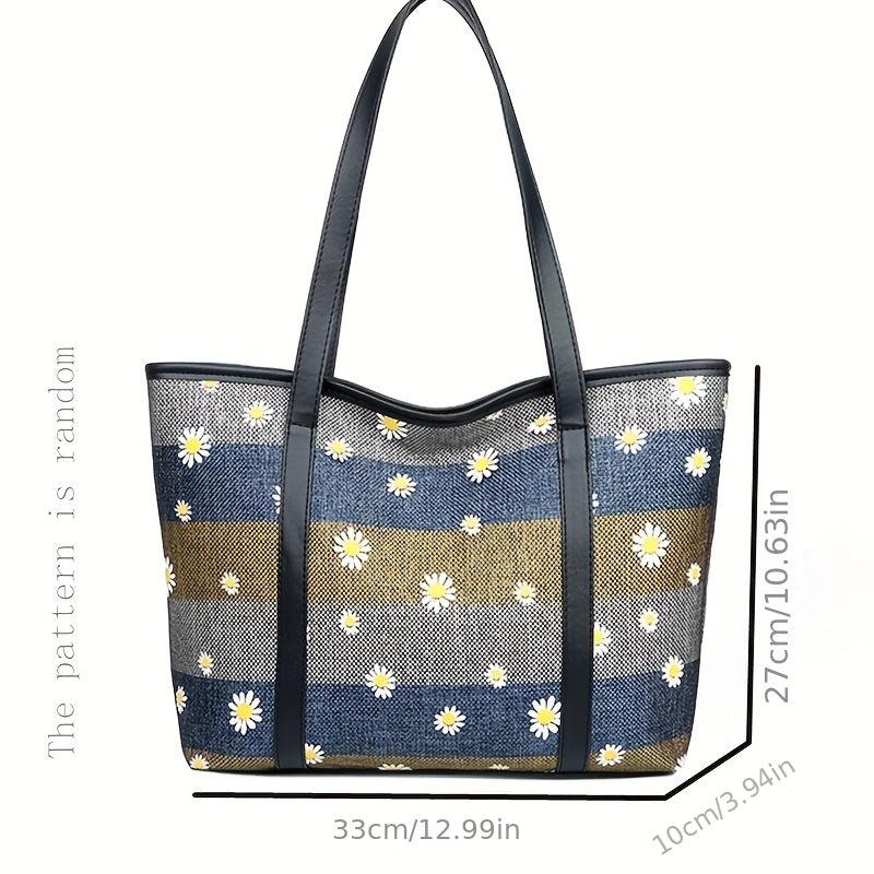 Daisy Flower Embroidery Tote Bag Large Capacity Shoulder Bag
