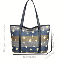 Daisy Flower Embroidery Tote Bag Large Capacity Shoulder Bag