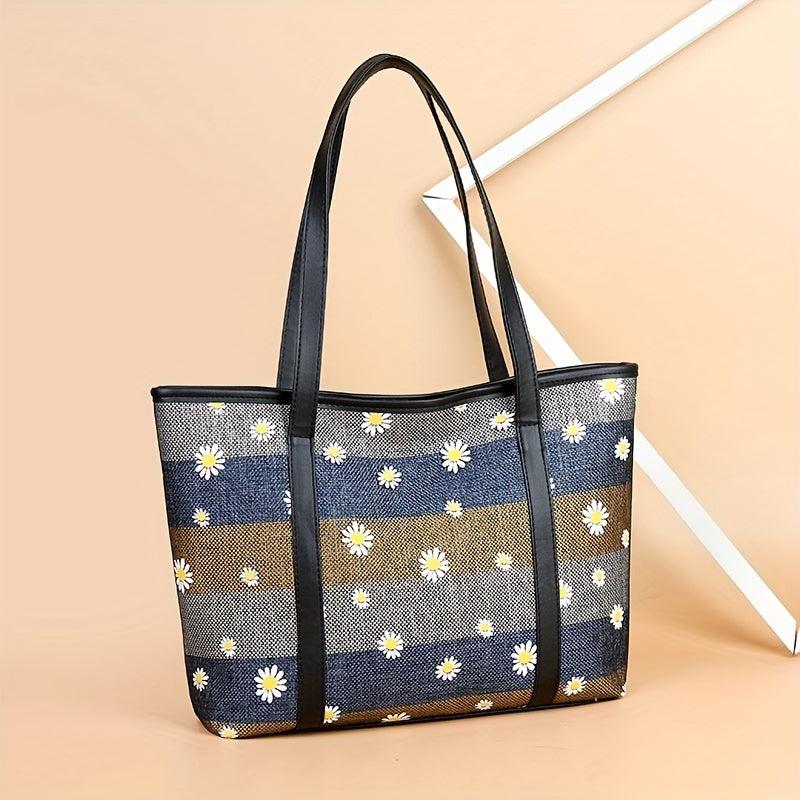 Daisy Flower Embroidery Tote Bag Large Capacity Shoulder Bag