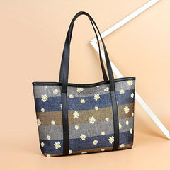 Daisy Flower Embroidery Tote Bag Large Capacity Shoulder Bag