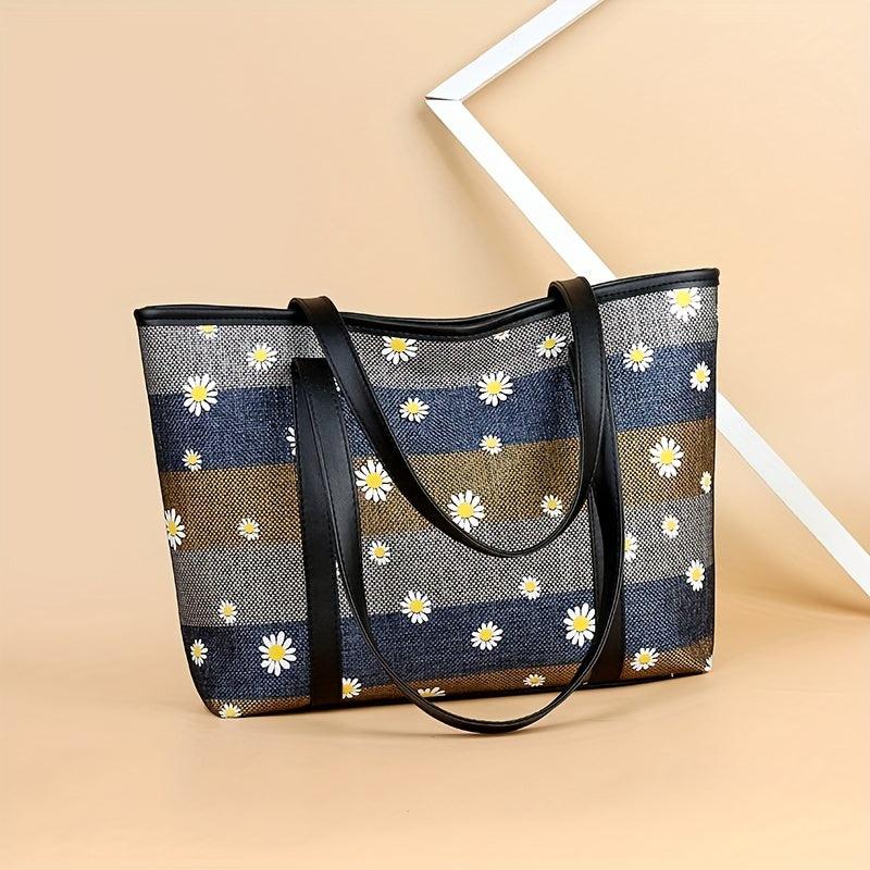 Daisy Flower Embroidery Tote Bag Large Capacity Shoulder Bag