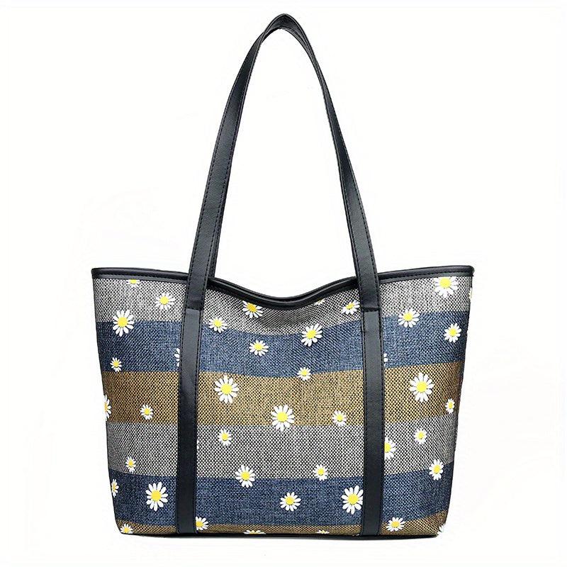 Daisy Flower Embroidery Tote Bag Large Capacity Shoulder Bag