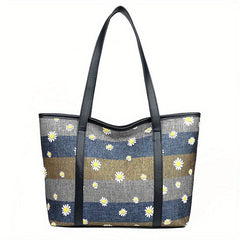 Daisy Flower Embroidery Tote Bag Large Capacity Shoulder Bag