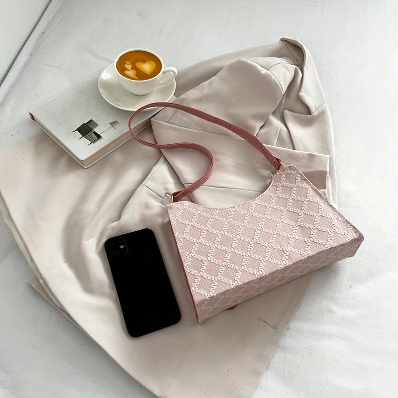 Rhombus Print Baguette Bag PU Leather Shoulder Purse Women's Handbag