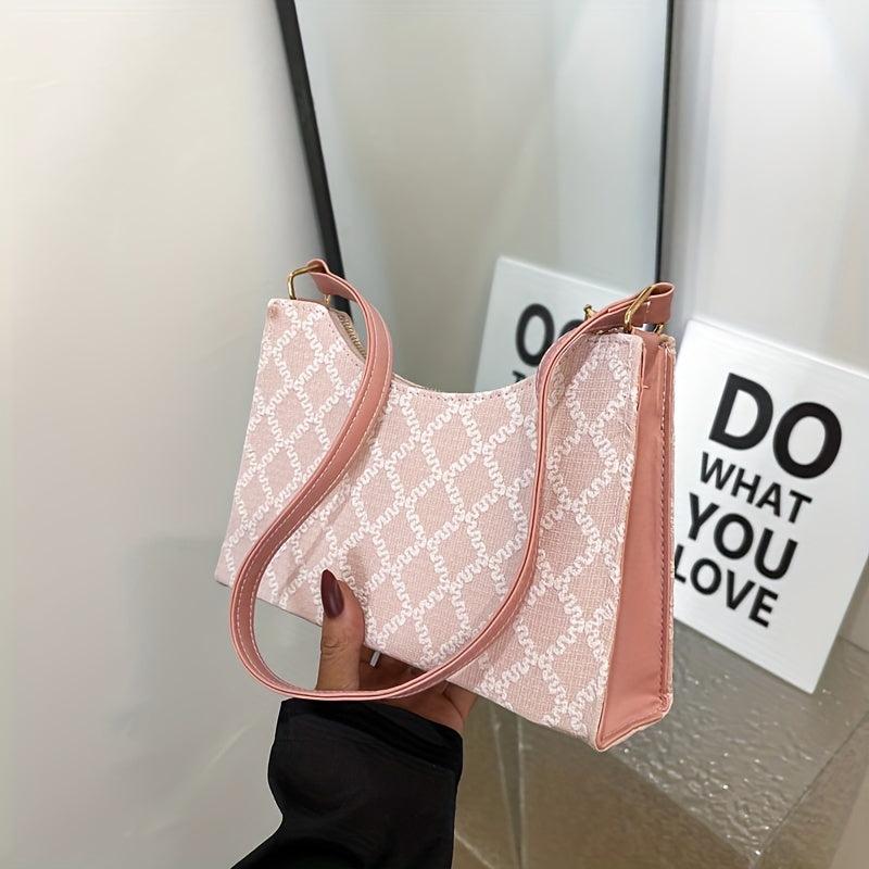 Rhombus Print Baguette Bag PU Leather Shoulder Purse Women's Handbag
