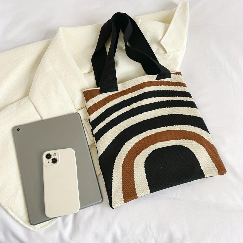 Striped Knitted Shoulder Bag Colorblock Tote Bag Crochet Bag