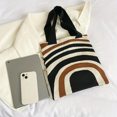 Striped Knitted Shoulder Bag Colorblock Tote Bag Crochet Bag