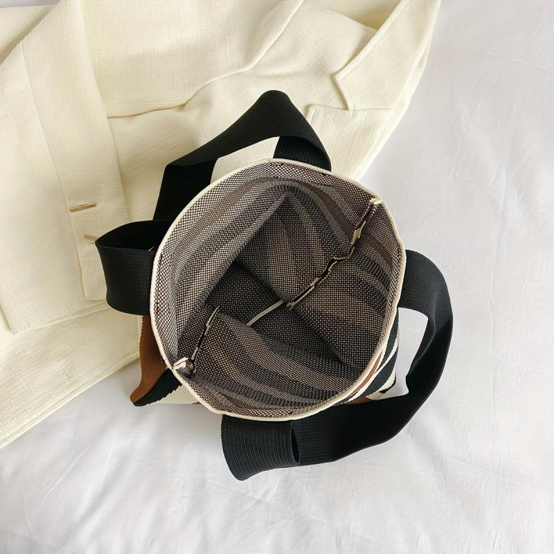 Striped Knitted Shoulder Bag Colorblock Tote Bag Crochet Bag