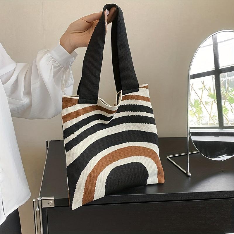Striped Knitted Shoulder Bag Colorblock Tote Bag Crochet Bag