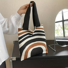 Striped Knitted Shoulder Bag Colorblock Tote Bag Crochet Bag