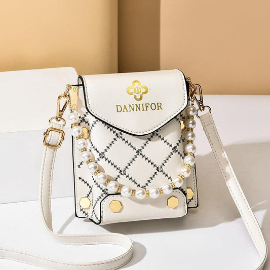 Mini Argyle Quilted Phone Bag Studded Faux Pearl Shoulder Bag