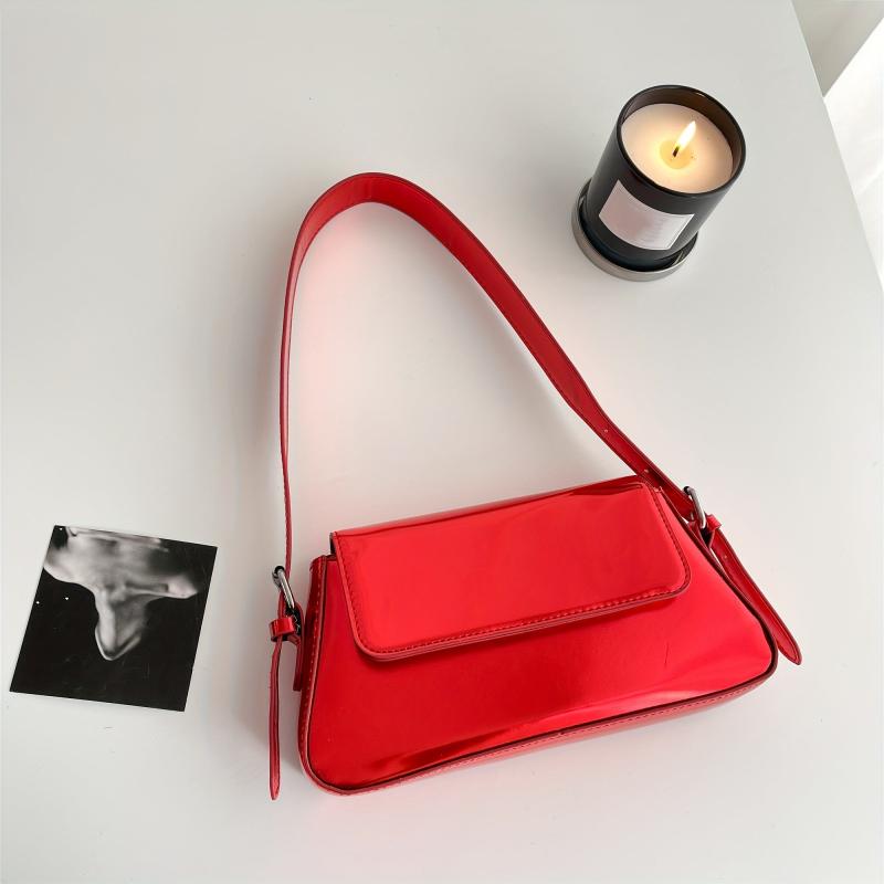 Metallic Flap Bag Glossy Shoulder Purse For Women