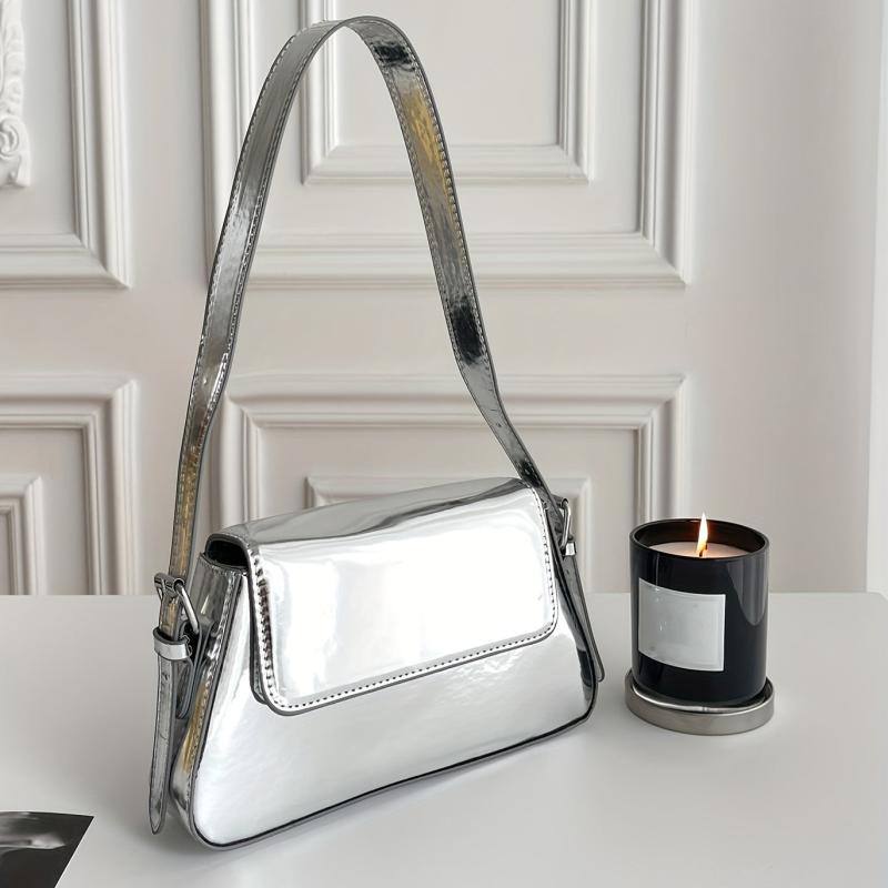 Metallic Flap Bag Glossy Shoulder Purse For Women