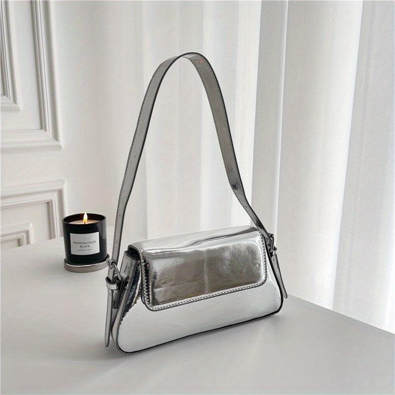 Metallic Flap Bag Glossy Shoulder Purse For Women