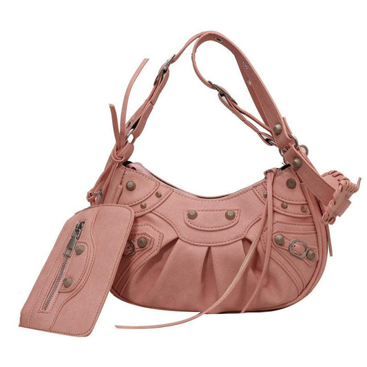 Grunge Rivet Studded Crossbody Bag Y2K Ruched Shoulder Bag