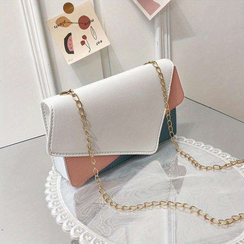 Colorblock Square Shoulder Bag with Flap Chain, Women's Work Purse