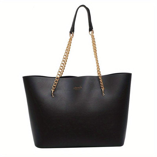 Women's Faux Leather Chain Tote Bag Large Capacity Handbag for Commuter & School