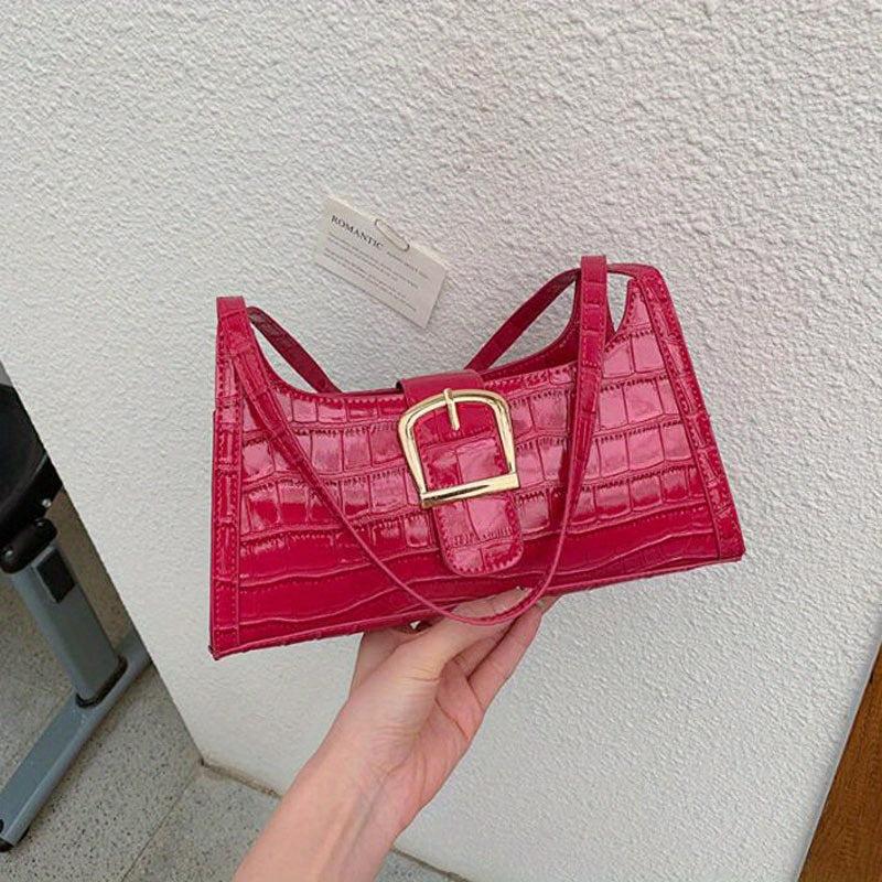 Crocodile Embossed Shoulder Bag with Buckle Decor