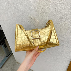 Crocodile Embossed Shoulder Bag with Buckle Decor