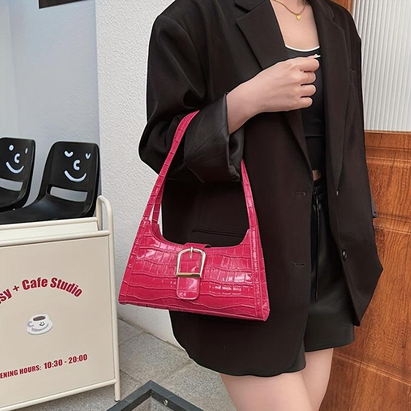Crocodile Embossed Shoulder Bag with Buckle Decor