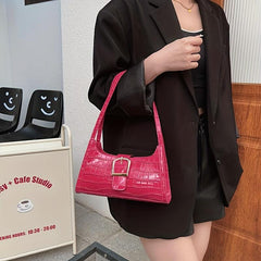 Crocodile Embossed Shoulder Bag with Buckle Decor