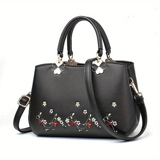 Floral Embroidered Tote Bag PU Crossbody Women's Small Handbag