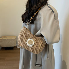 Flower Decor Straw Shoulder Bag Minimalist Woven Underarm Bag