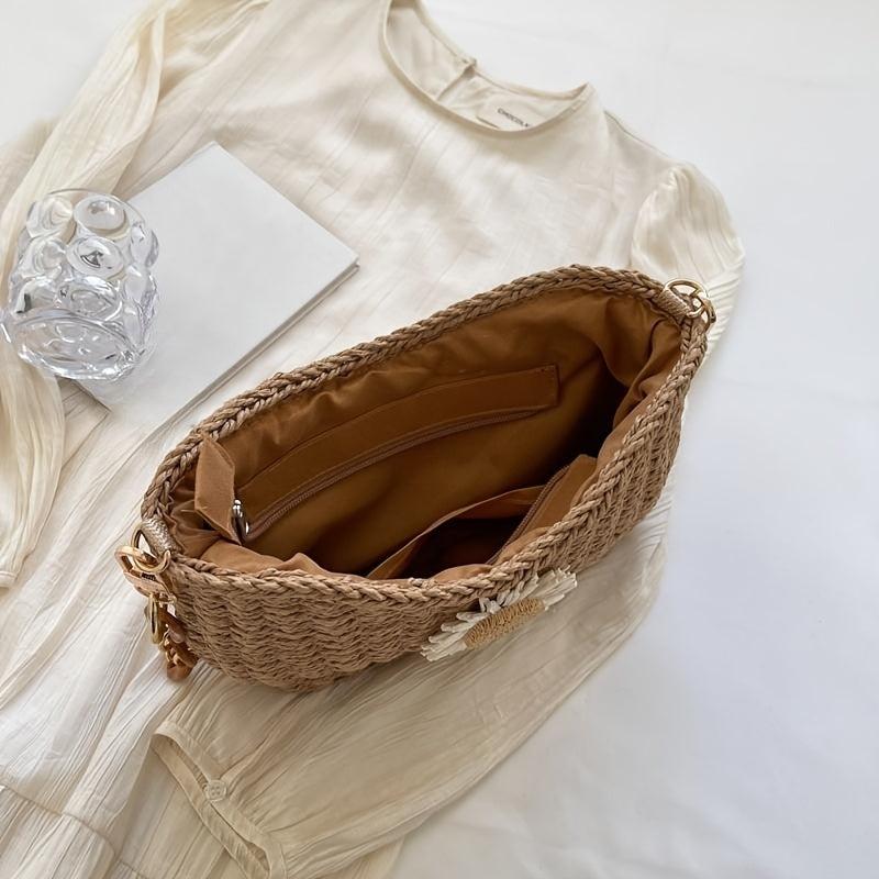 Flower Decor Straw Shoulder Bag Minimalist Woven Underarm Bag