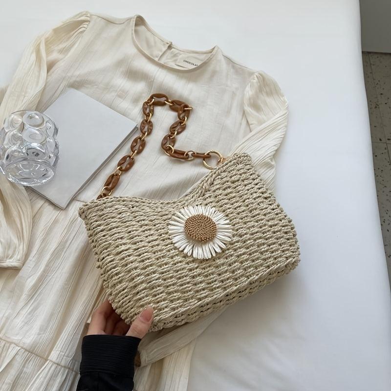 Flower Decor Straw Shoulder Bag Minimalist Woven Underarm Bag