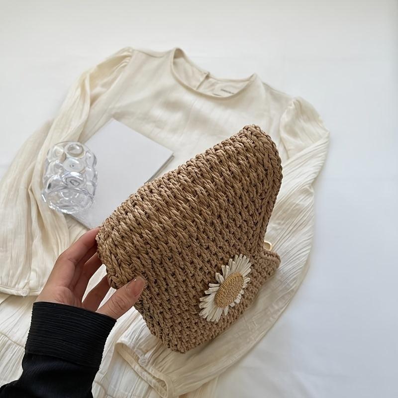 Flower Decor Straw Shoulder Bag Minimalist Woven Underarm Bag