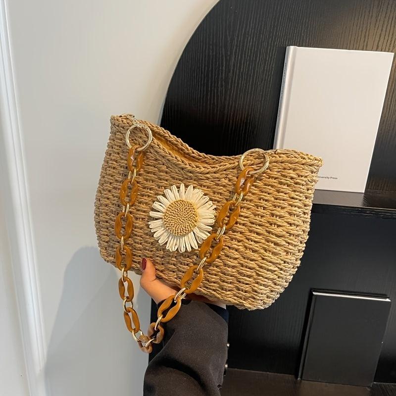 Flower Decor Straw Shoulder Bag Minimalist Woven Underarm Bag