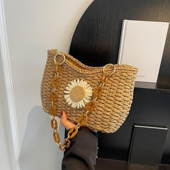 Flower Decor Straw Shoulder Bag Minimalist Woven Underarm Bag