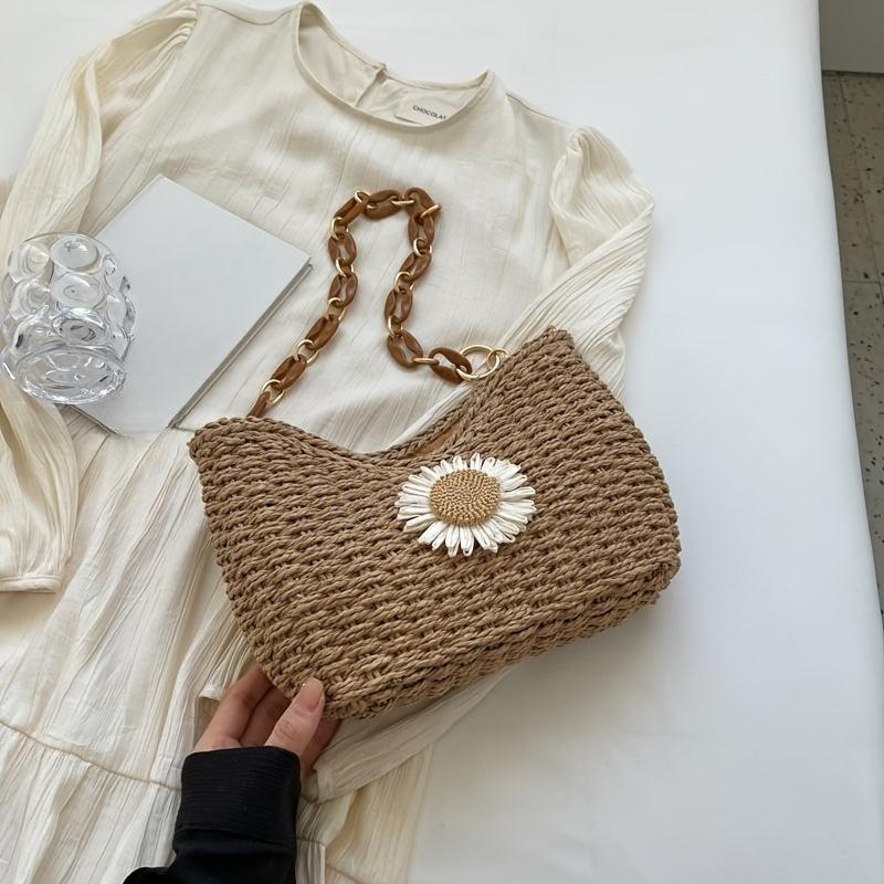Flower Decor Straw Shoulder Bag Minimalist Woven Underarm Bag