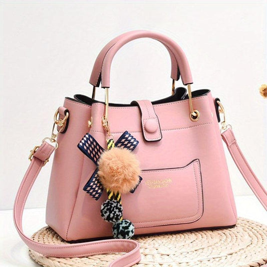 Women's PU Leather Crossbody Bag with Pompom Ball